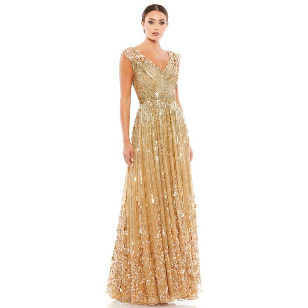 Mac Duggal 5223 Gold Cap Sleeve A-Line Gown Women's Size 8 NWT (fits like a 10)